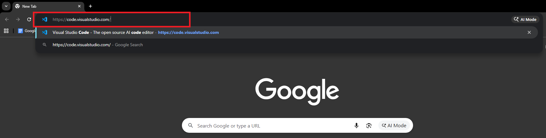Google Chrome address bar showing https://code.visualstudio.com typed in and highlighted in a red box with a VS Code autocomplete suggestion appearing below