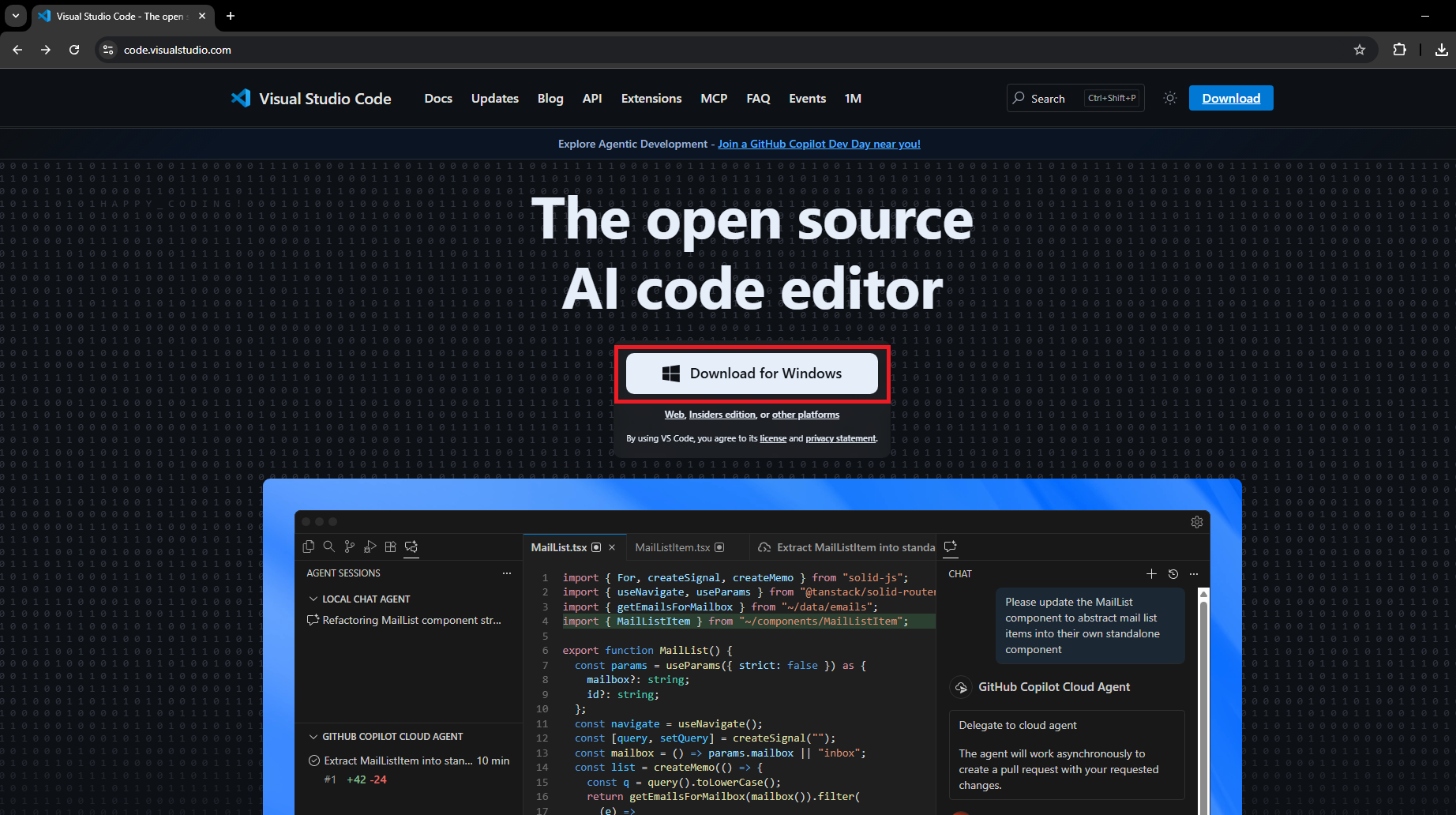 The Visual Studio Code website homepage with the Download for Windows button highlighted in a red box
