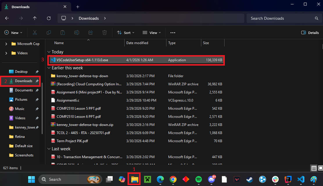 File Explorer Downloads folder showing the VS Code installer file VSCodeUserSetup-x64-1.113.0.exe highlighted in a red box as step 3, with the Downloads folder circled in the sidebar as step 2 and the File Explorer taskbar icon circled as step 1