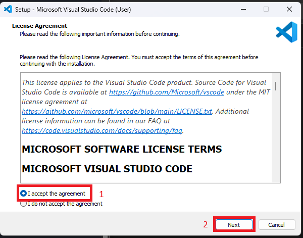 VS Code Setup License Agreement window with the I accept the agreement radio button selected and highlighted in a red box as step 1, and the Next button highlighted in a red box as step 2