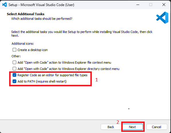 VS Code Setup Select Additional Tasks window with Register Code as an editor for supported file types and Add to PATH checkboxes both checked and highlighted in a red box as step 1, and the Next button highlighted as step 2