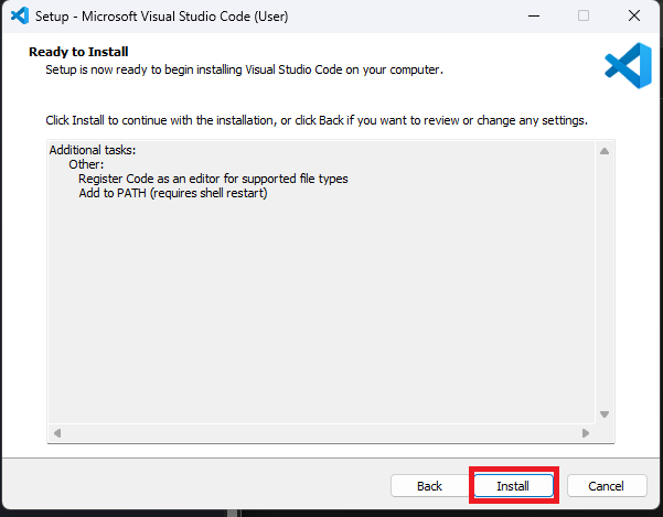 VS Code Setup Ready to Install window showing the selected additional tasks summary with the Install button highlighted in a red box